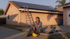 Una instaladora de energía solar sentada en un camino junto a una escalera en una casa del sur de California, sosteniendo su hombro, con los paneles solares de la azotea detrás de ella.